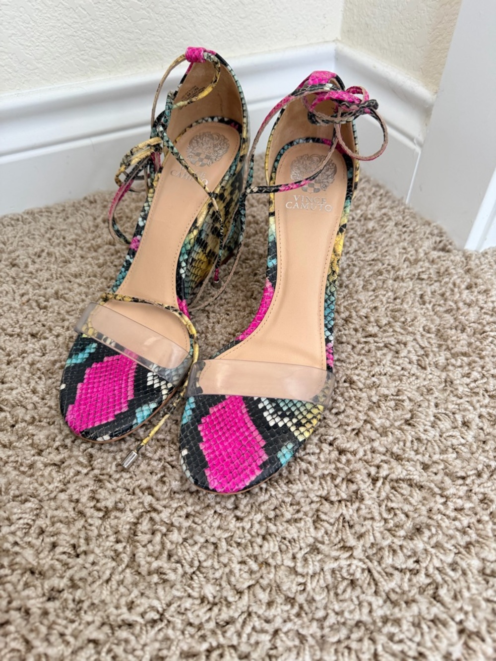 Vince Camuto Multi Snake-Print Clear-Strap Ankle-Tie Wedge Sandals